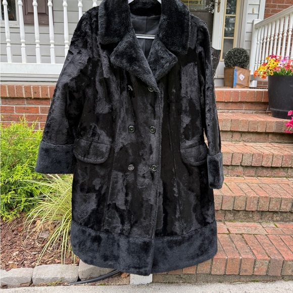 Vintage Union Made 70s Retro Black Faux Fur Persian Lamb Penny Lane Coat Large - Picture 5 of 9